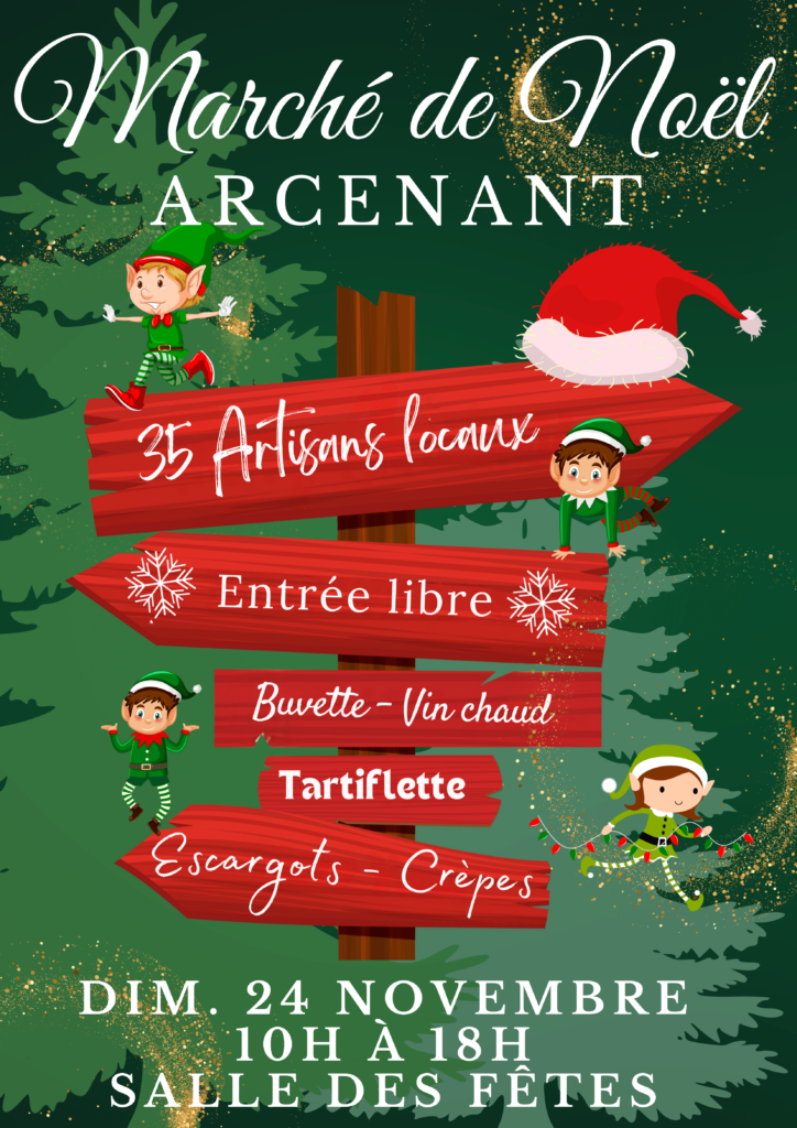 Marché de Noël à Arcenant avec 35 artisans locaux, buvette et vin chaud, tartiflette, escargots, crêpes, le 24 novembre