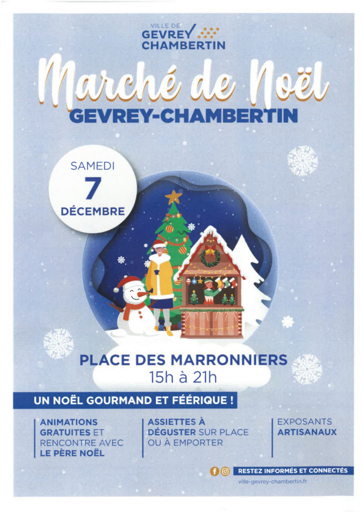 La ville de Gevrey-Chambertin organise un marché de Noël avec des exposants artisans et visite du Père Noël le 7 décembre